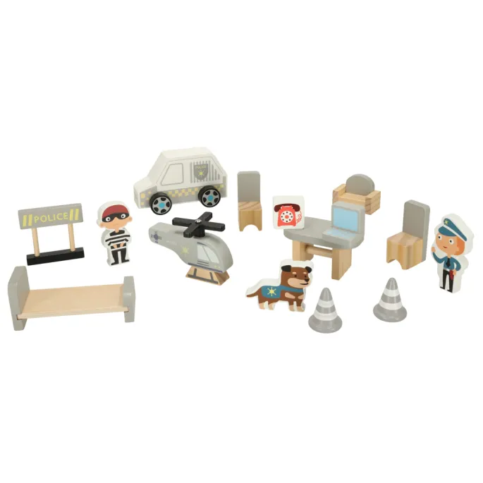 Helikopter i radiowóz w zestawie drewnianego parkingu policyjnego