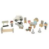 Helikopter i radiowóz w zestawie drewnianego parkingu policyjnego