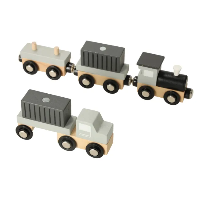 Kompletny zestaw portowy z drewnianym dźwigiem, pociągiem i ciężarówką