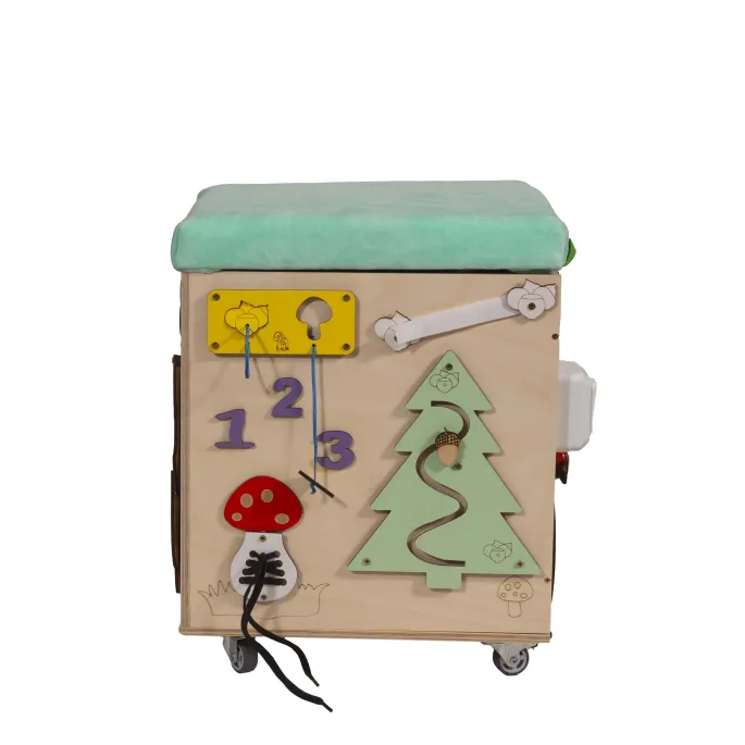 Tablica suchościeralna i elementy edukacyjne w pufie manipulacyjnym LAS