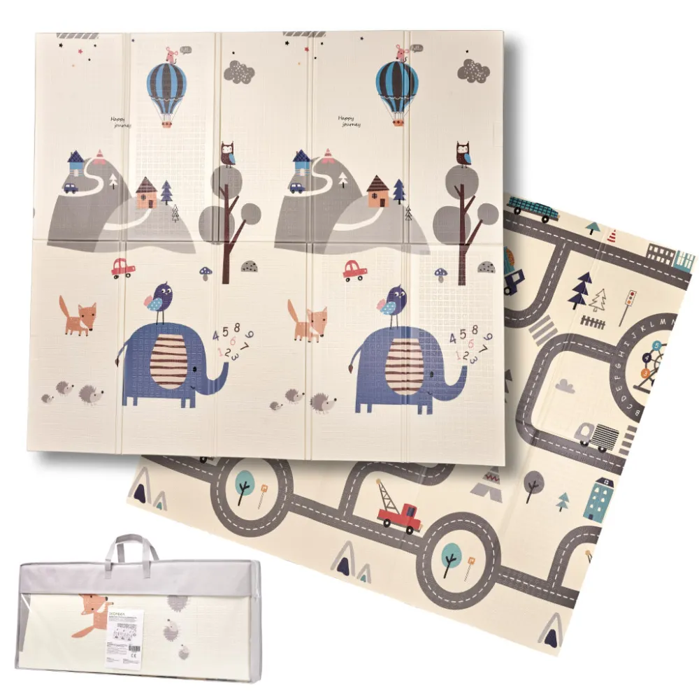 Dwustronna mata piankowa z motywem słoni w lesie, na jasnym tle