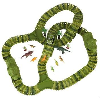 240-elementowy tor samochodowy z dinozaurami i palmami – widok z góry