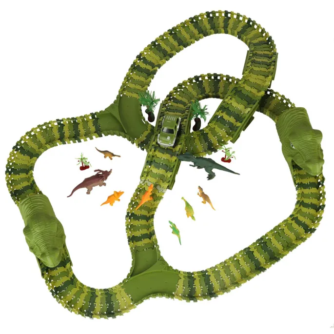 240-elementowy tor samochodowy z dinozaurami i palmami – widok z góry