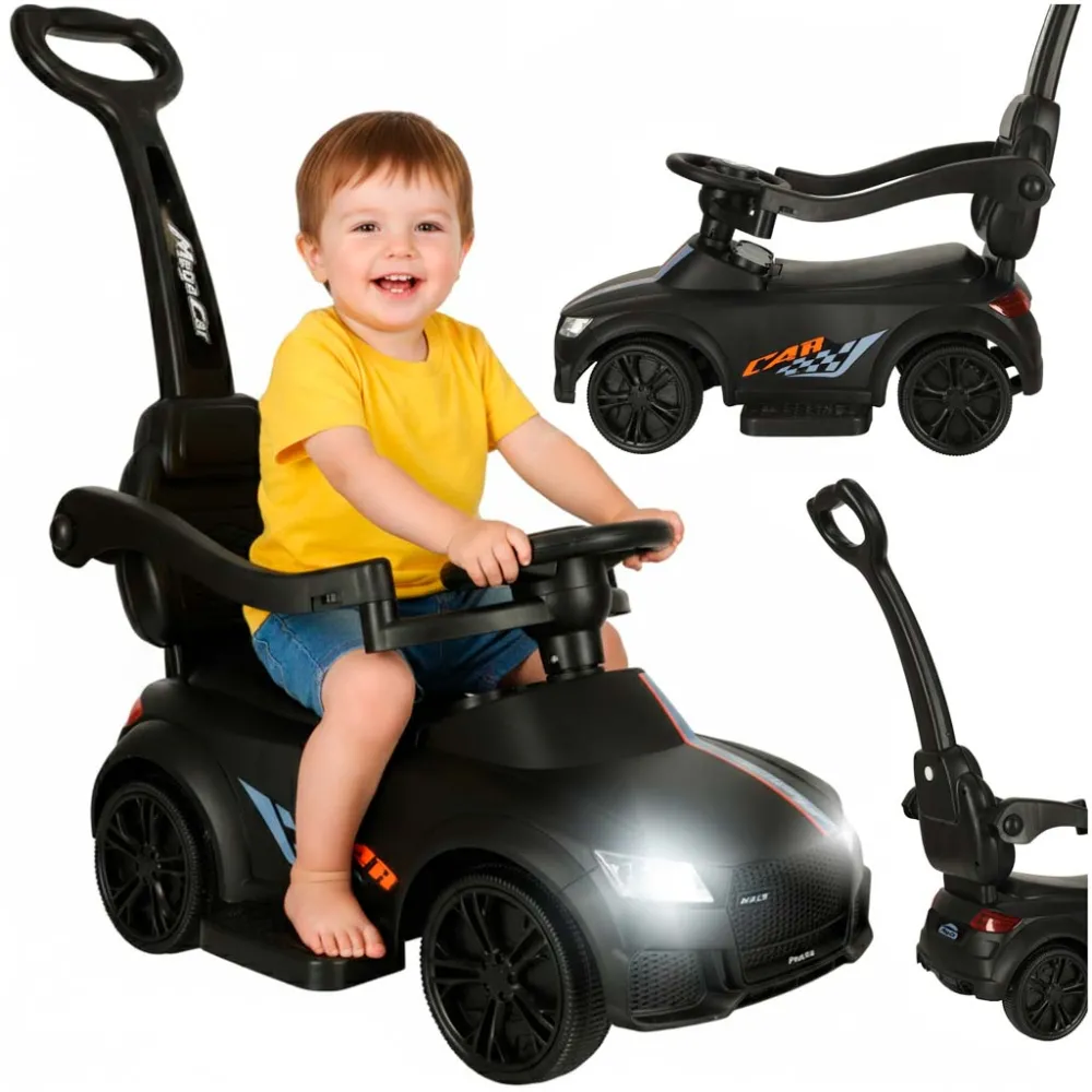 Czarny jeździk samochód 3w1 z dźwiękiem i światłami na białym tle