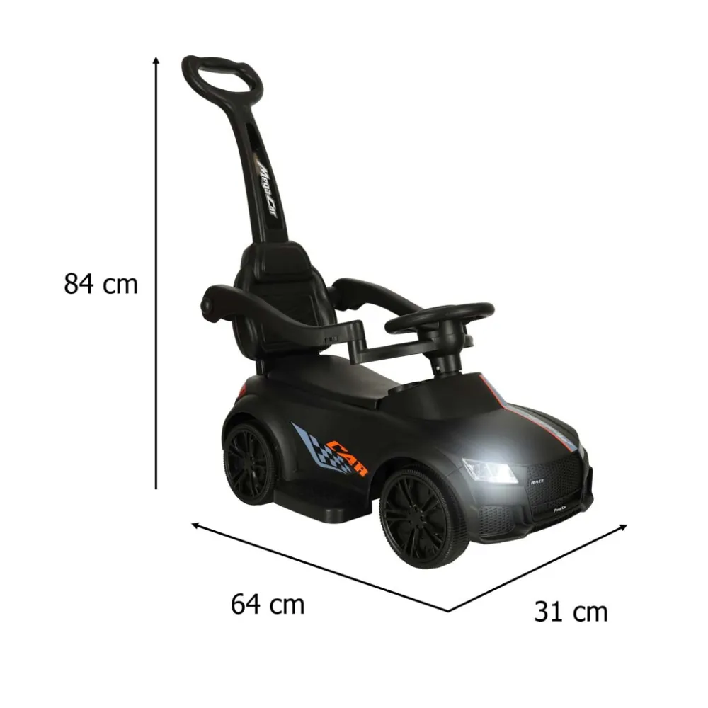 Czarny samochód pchacz 3w1 eksponujący koła i estetyczny design