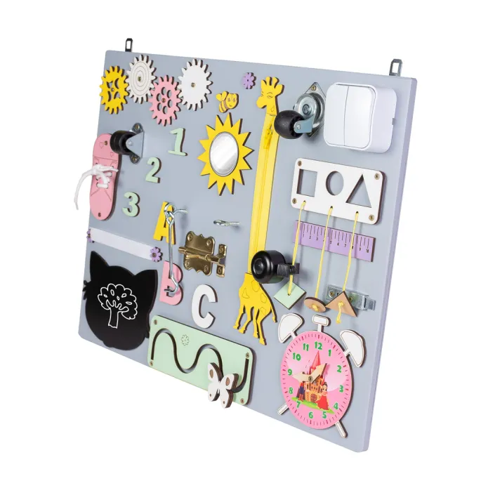 Drewniana sensoryczna tablica z sorterem i zegarem dla malucha