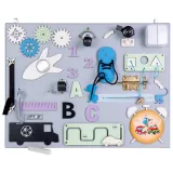 Tablica manipulacyjna drewniana z kolorowymi zębatkami i zabawkami edukacyjnymi