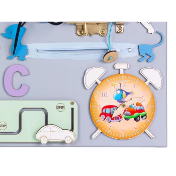 Tablica manipulacyjna dla dzieci z zegarem, literkami i sorterem kształtów