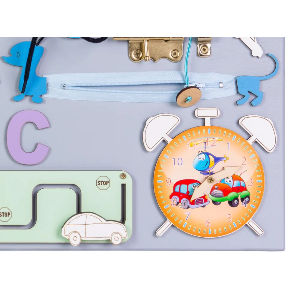 Tablica manipulacyjna dla dzieci z zegarem, literkami i sorterem kształtów