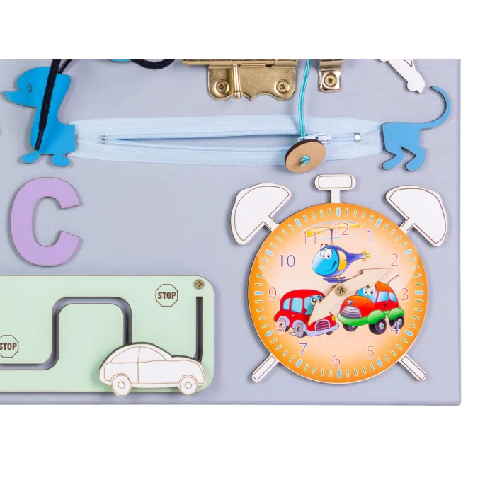Tablica manipulacyjna dla dzieci z zegarem, literkami i sorterem kształtów