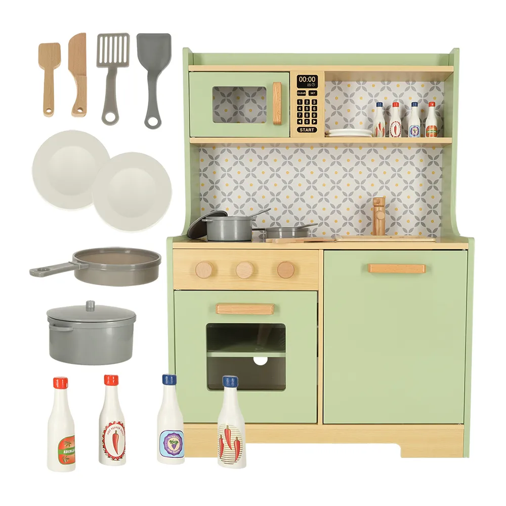 Drewniana kuchnia dziecięca w kolorze miętowym z akcesoriami do zabawy