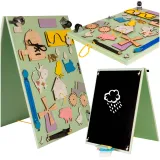 Zielona tablica edukacyjna z motywem zwierząt i funkcją do rysowania