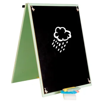 Edukacyjna tablica dla dzieci z ruchomymi elementami i tablicą kredową