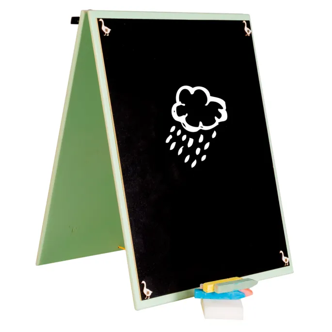 Edukacyjna tablica dla dzieci z ruchomymi elementami i tablicą kredową