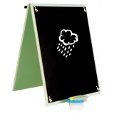 Edukacyjna tablica dla dzieci z ruchomymi elementami i tablicą kredową