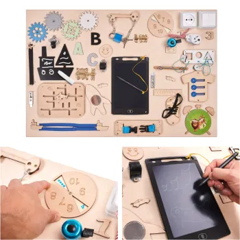 Drewniana tablica manipulacyjna 75x50 cm z kolorowymi elementami edukacyjnymi