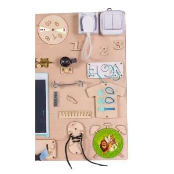 Zabawka drewniana Montessori z lusterkiem, rzepem i kłódką