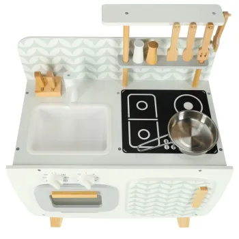 Drewniana kuchnia dla dzieci retro z nożami, patelnią i solniczką