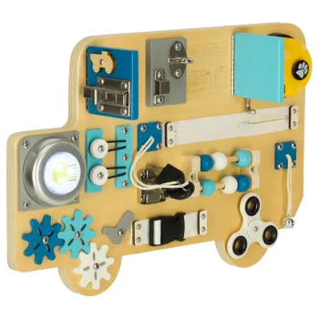 Tablica BUSO z widocznymi zębatkami i spinnerem dla dzieci