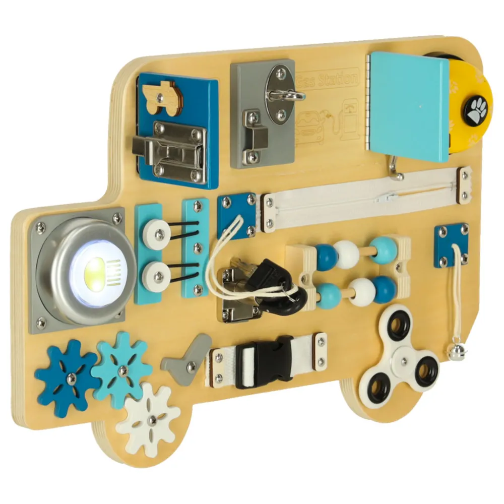 Tablica BUSO z widocznymi zębatkami i spinnerem dla dzieci