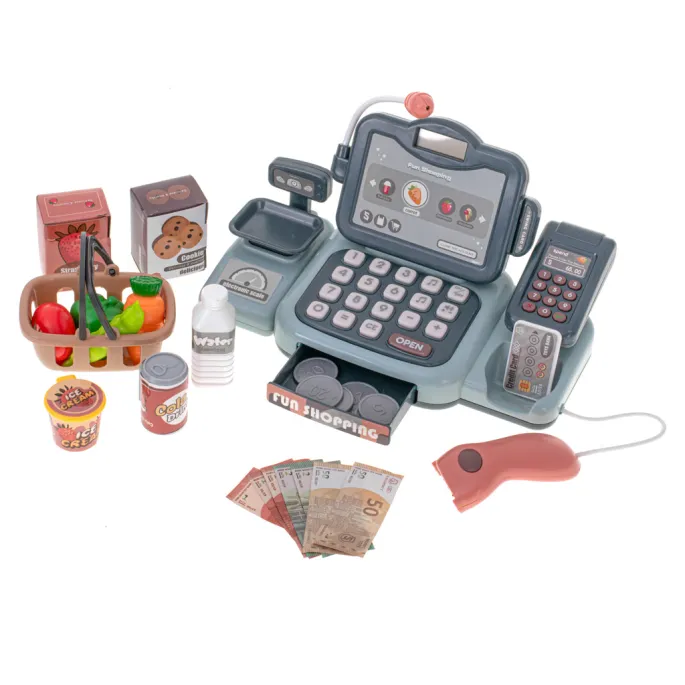 Kompletny zestaw kasy fiskalnej z wagą i mikrofonem do zabawy w sklep