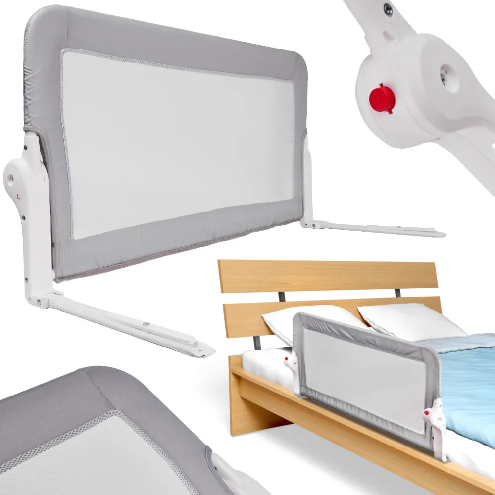 Barierka ochronna do łóżka 120cm w kolorze szarym widziana z boku