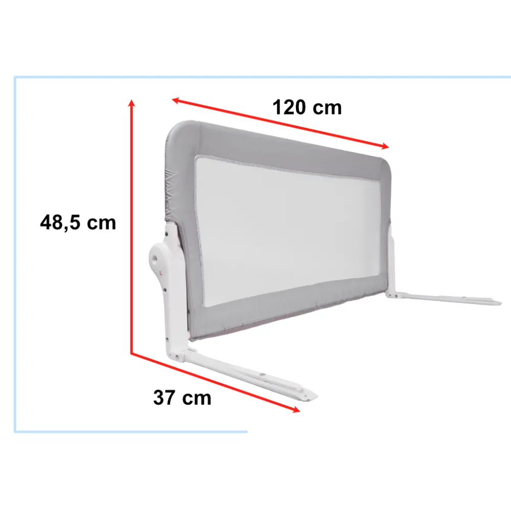 Szara barierka ochronna na łóżku dziecięcym – zbliżenie na montaż