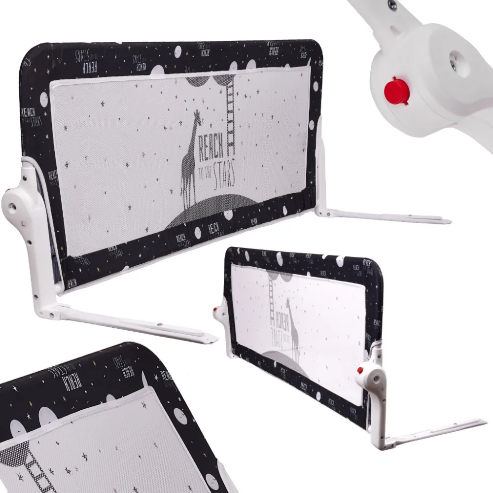 czarna barierka ochronna 150cm zamontowana na łóżku dziecięcym