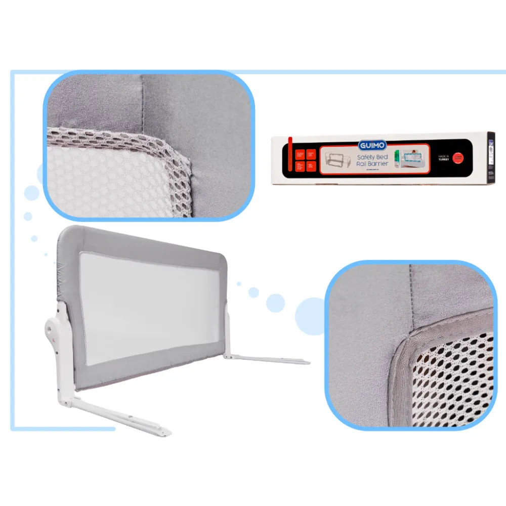 Szara barierka osłona z metalową ramą zamontowana przy łóżku dziecięcym