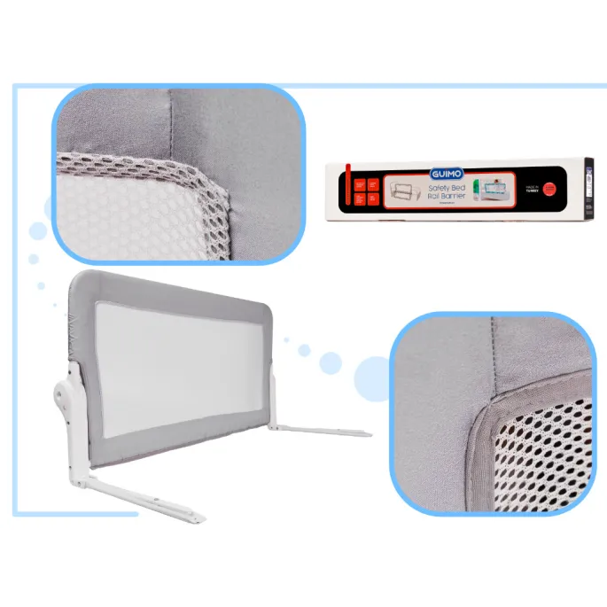 Szara barierka osłona z metalową ramą zamontowana przy łóżku dziecięcym