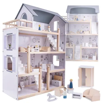 Drewniany domek dla lalek z białymi i szarymi mebelkami, 80 cm wysokości