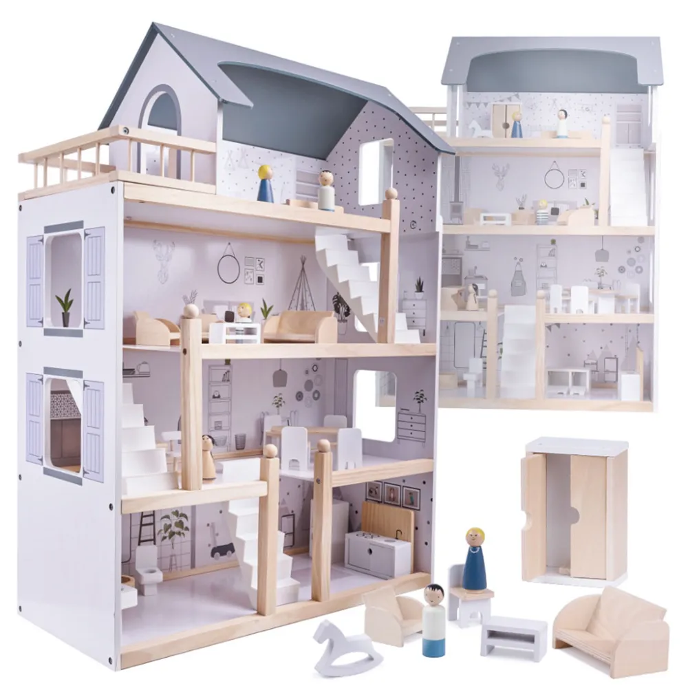 Drewniany domek dla lalek z białymi i szarymi mebelkami, 80 cm wysokości