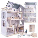 Drewniany domek dla lalek z białymi i szarymi mebelkami, 80 cm wysokości