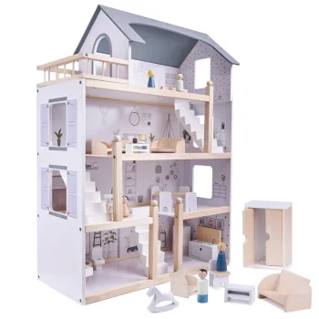 Domek dla lalek drewniane mebelki 80cm biały szary