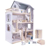 Pokój dziecięcy z domkiem dla lalek i kompletem drewnianych mebelków