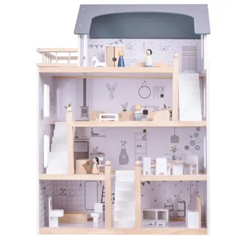 Domek dla lalek ustawiony na podłodze, widoczne cztery piętra i taras