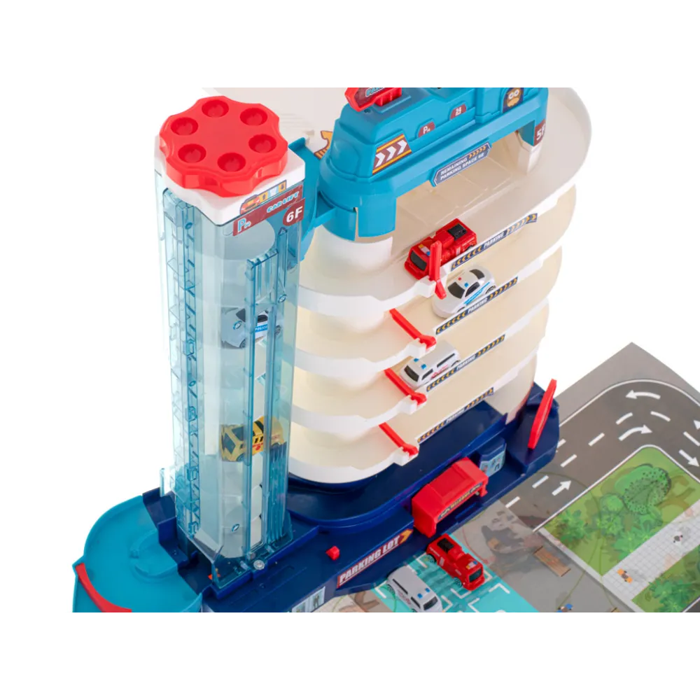 Kolorowy garaż dziecięcy z matą i zestawem ośmiu aut