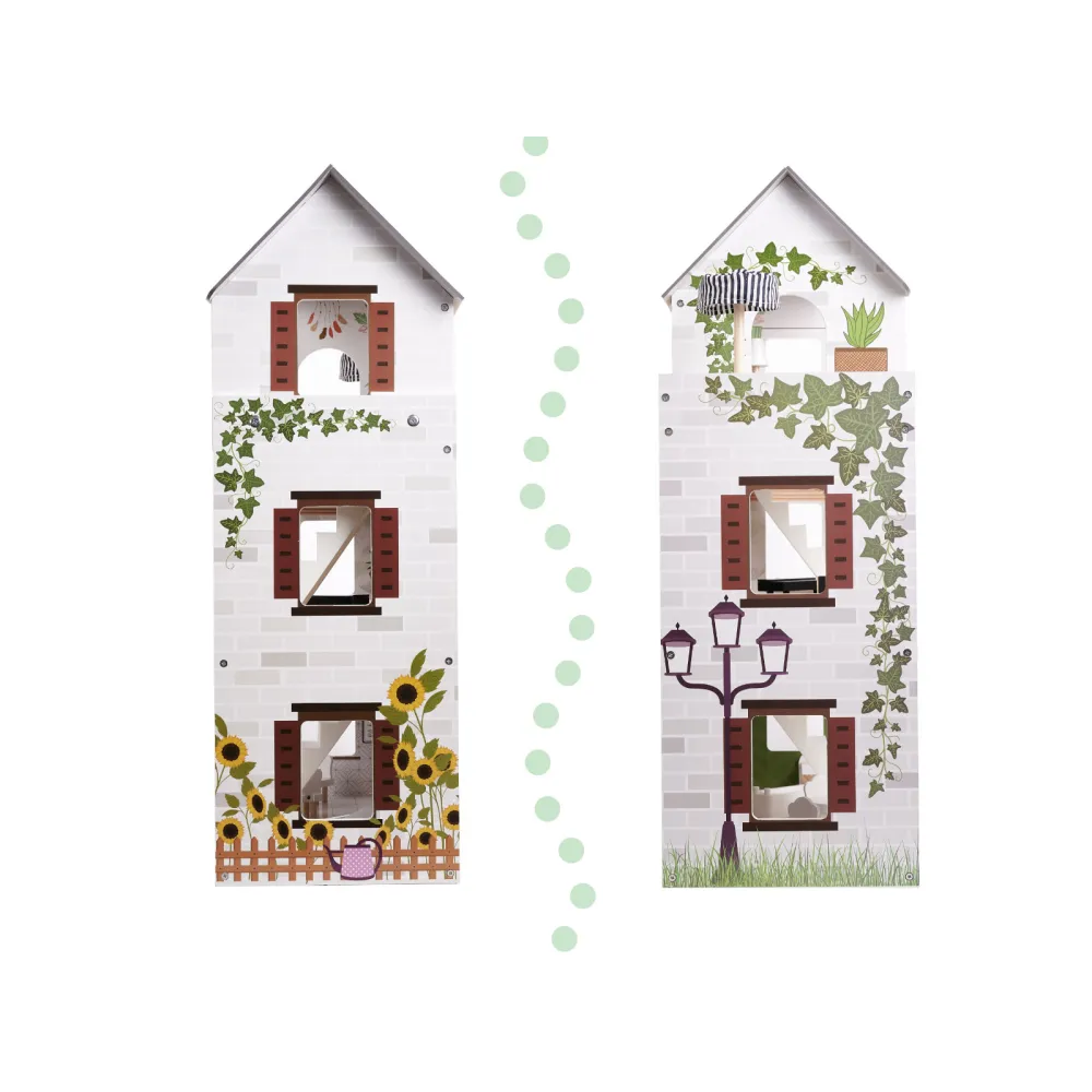 Widok z przodu na pastelowy domek boho z drewnianymi mebelkami