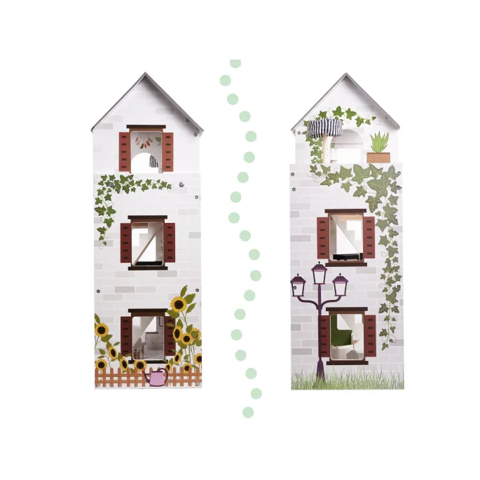 Widok z przodu na pastelowy domek boho z drewnianymi mebelkami