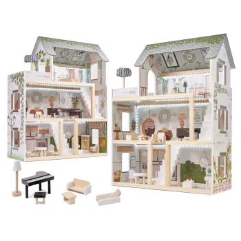 Trzypoziomowy domek dla lalek z tarasem i LEDowym oświetleniem