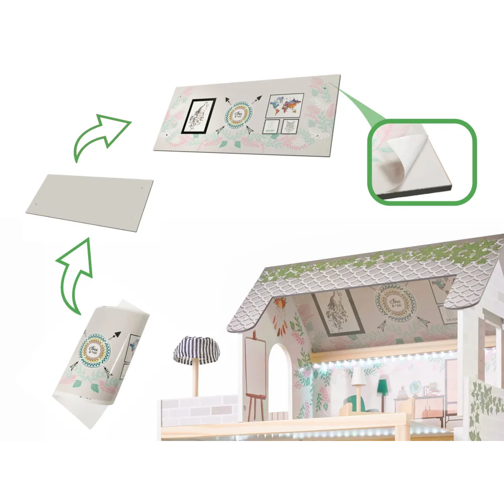 Kolorowa tapeta na poddasze domku dla lalek boho - detale wnętrza