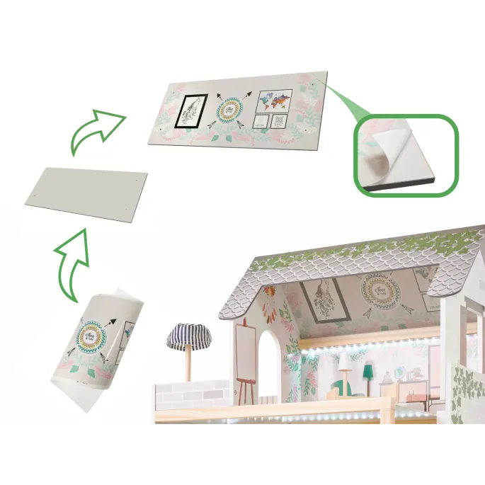 Kolorowa tapeta na poddasze domku dla lalek boho - detale wnętrza