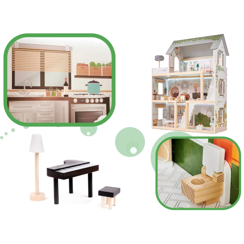 Elementy zestawu: drewniane mebelki i akcesoria do domku boho