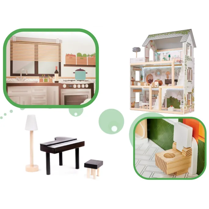 Elementy zestawu: drewniane mebelki i akcesoria do domku boho