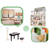 Elementy zestawu: drewniane mebelki i akcesoria do domku boho