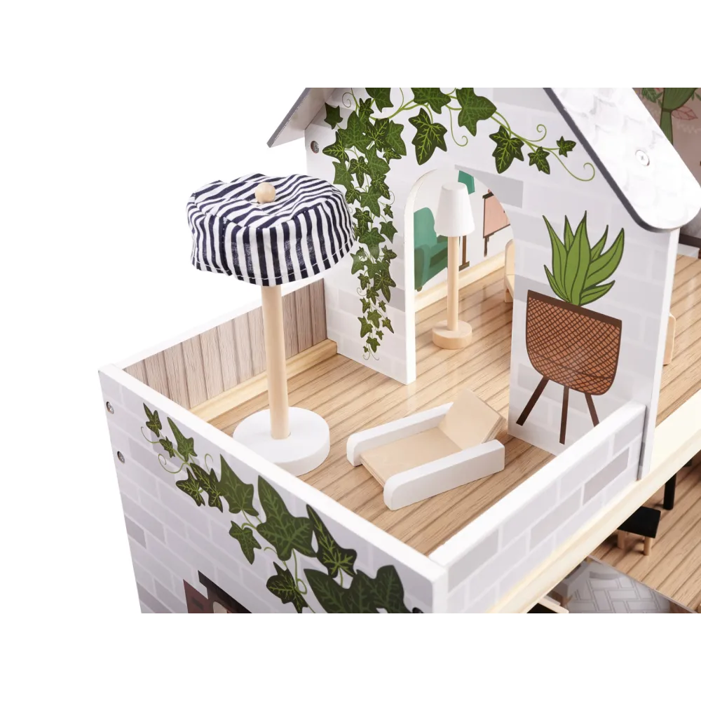 Oświetlenie LED w domku dla lalek w stylu boho, widok nocą