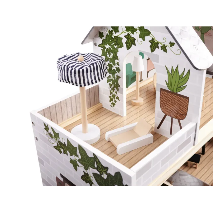 Oświetlenie LED w domku dla lalek w stylu boho, widok nocą