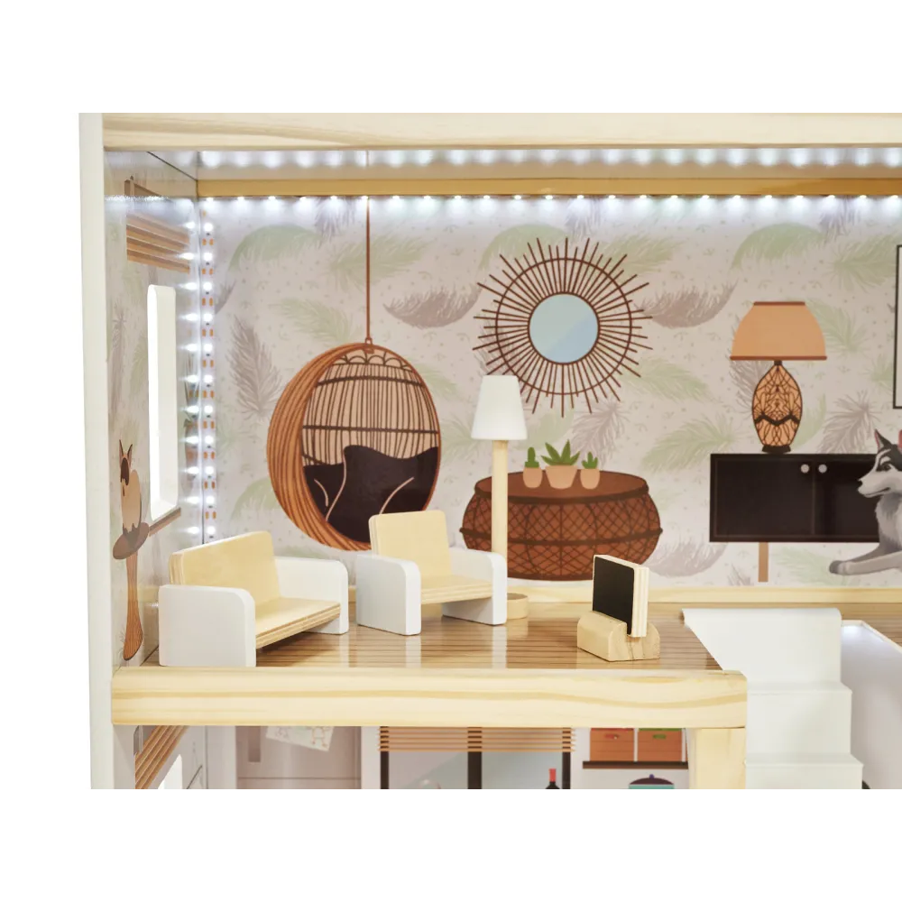 Drewniany domek dla lalek FLORO w dziecięcym pokoju, gotowy do zabawy