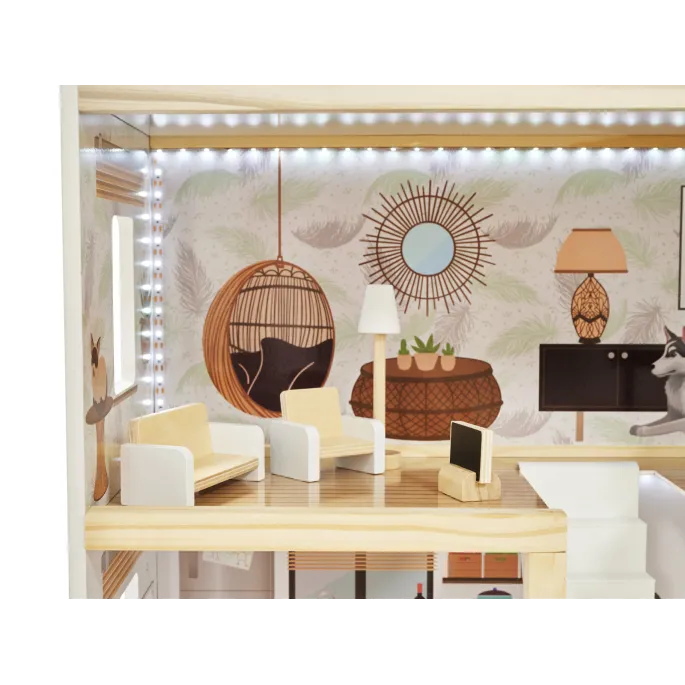 Drewniany domek dla lalek FLORO w dziecięcym pokoju, gotowy do zabawy