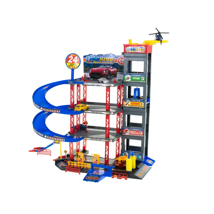 Parking z czterema piętrami i kolorowymi autkami metalowymi